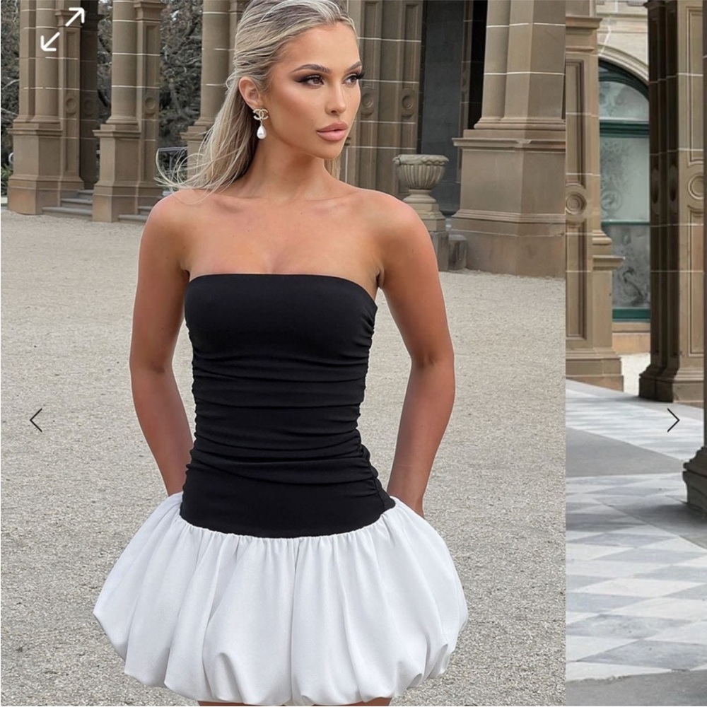 Black and White Ruched Strapless Sheath Dress